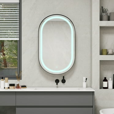 20x34 Inch Oval Medicine Cabinet with Mirror, Wall-Mounted Bathroom Storage with Adjustable Glass Shelves & LED Lighting, Magnetic Door Closure for Humidity Protection, Black