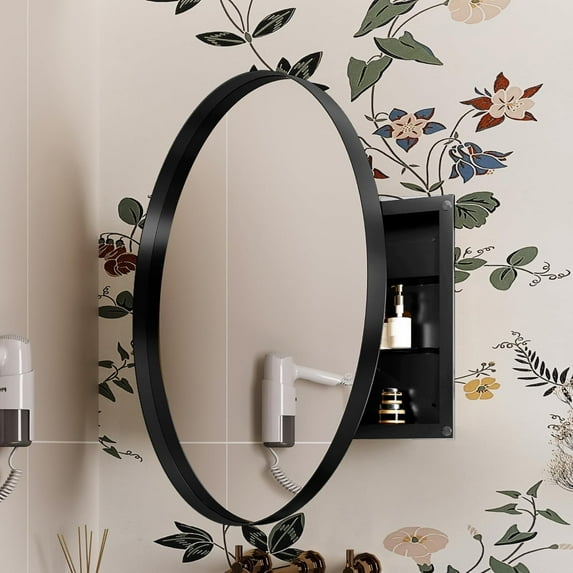 20x34 Inch Oval Recessed White Metal Framed Medicine Cabinet Bathroom Wall Cabinet with Vanity Mirror and Adjustable Shelves,Wall Mirror with Storage for Bathroom