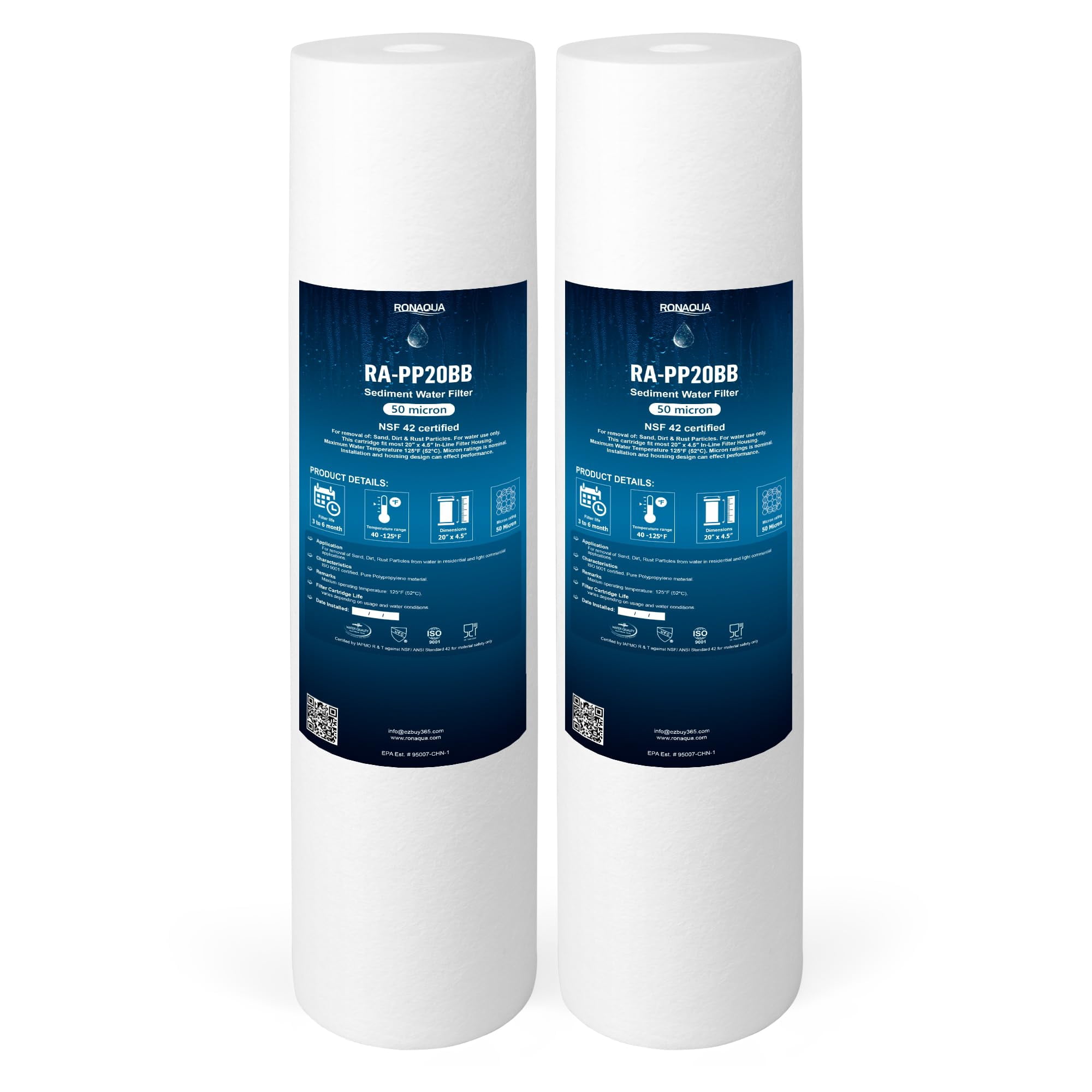 20x4.5 Inch Whole House Water Filter, 50 Micron Sediment, NSF Certified, 2 Pack