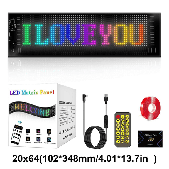 20x64 Flexible LED Sign, Bluetooth App Controlled Scrolling Light Panel, 13.7in Compact Display for Car Windshield Truck SUV Party, USB 5V