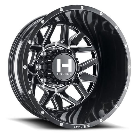 20x8.25 Hostile H402 Diablo Dually Rear Gloss Blk Milled Wheel 8x6.5 (-221mm)