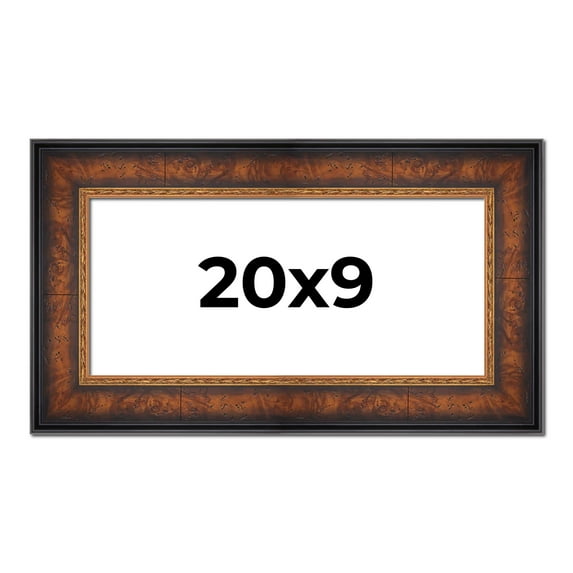 20x9 Frame Brown Walnut Gold Ornate Trim Solid Wood Plein Air Picture Frame | 3 Inch Moulding Width