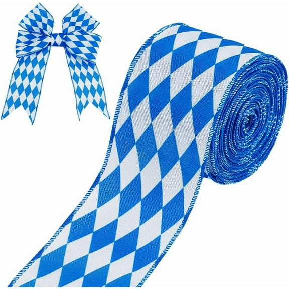 20yards Oktoberfest Wired Edge Ribbon 2.5" Blue and White Checkered Ribbon Polyester Plaid Gingham Ribbons Hanukkah Decorative Ribbons for Gift Wrapping Bows Making Crafting Wreaths diy