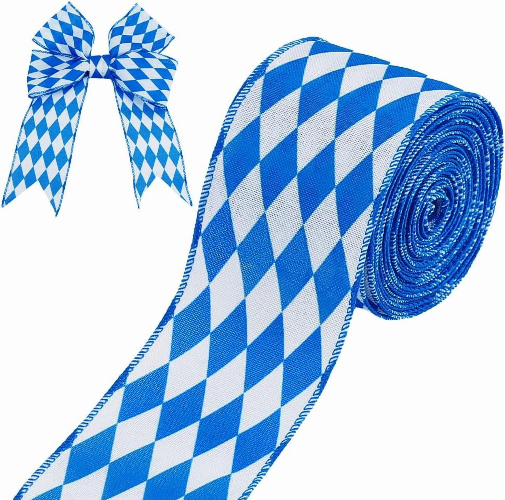 20yards Oktoberfest Wired Edge Ribbon 2.5" Blue and White Checkered Ribbon Polyester Plaid Gingham Ribbons Hanukkah Decorative Ribbons DIY