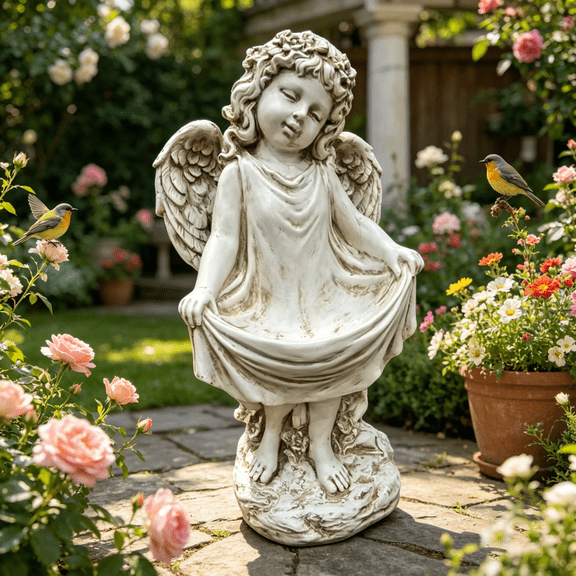 21.06" Weathered Angel Cherub Resin Statue, Vintage Aged Stone Finish Sleeping Angel Figurine, Waterproof Outdoor Yard Patio Memorial Garden Decor
