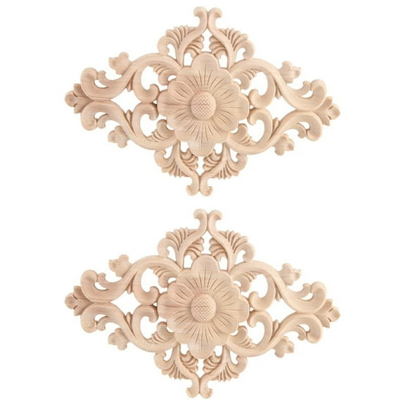 21*15cm Wood Carved Unpainted Onlay Applique Furniture Home Decor, 2pcs