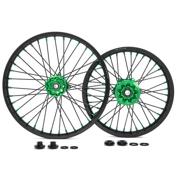 21" 18" Wheels Set For Kawasaki KX125 KX250 KX 125 250 2006-2013 2007 2008 2009 2010 2011 2012 KX450F KX250F KX 450F 250F 2006-2018 2013 2014 2015 2016 2017 Green Hub Black Rim CNC Anodized