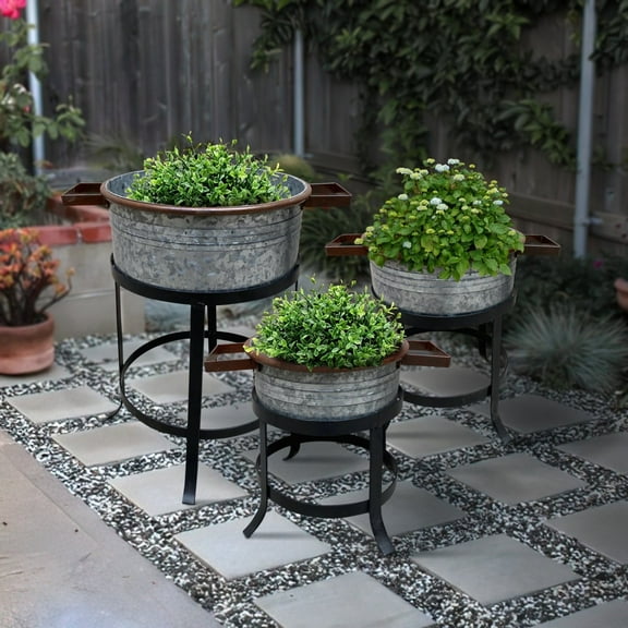 21 18 and 16 Inch 3 Piece Round Tub Metal Planter Set with Stand in Galvanized Gray and Black Iron- Saltoro Sherpi