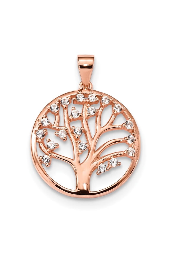 21.1mm Sterling Silver Rose-tone Created White Sapphire Tree Of Life Pendant