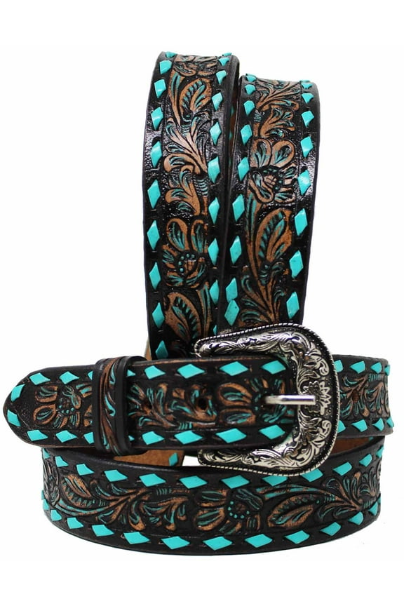 21-22 Western 1 1/4" Wide Kids Youth Rodeo Floral Tooled Leather Belt 26FK11C