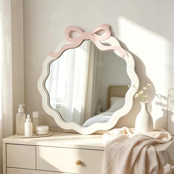21.25H Decorative Wall Mirror with Pink Bow, Wavy Scalloped White Framed Makeup Mirror, Cute Aesthetic Hanging Vanity Mirror for Bedroom Dresser Decor