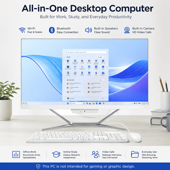 PTZZHEDM 21.5" All-in-One Business Computer, with Webcam, Intel N5095, 16GB RAM, 1TB SSD, Windows 10 Pro, White