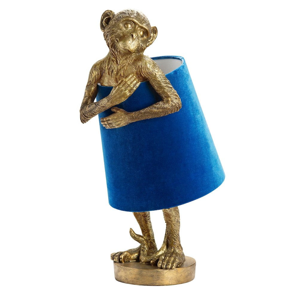Gold Resin Monkey Table Lamp with Blue Velvet Shade