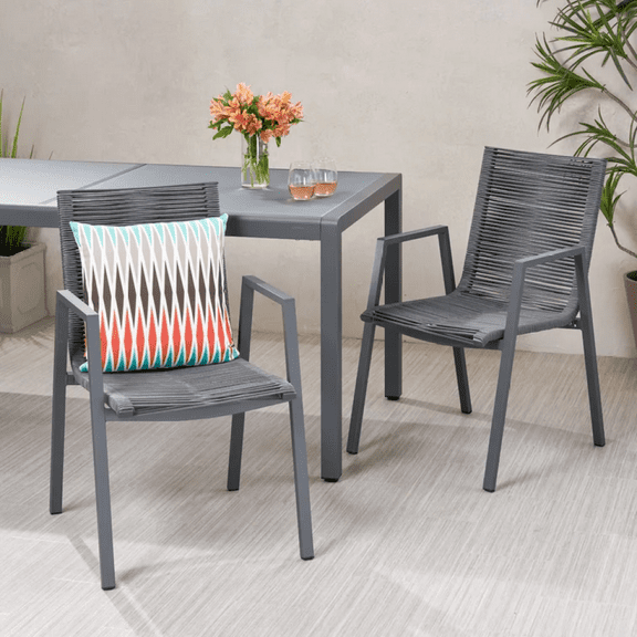 21.5" Modern Outdoor Aluminum Dining Chair with Rope Seat, Set of 2, 2 Color