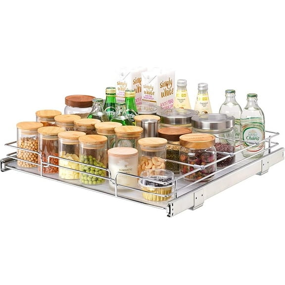 21.5" Wx21 Dx3.5 H Pull Out Cabinet Organizer, Heavy Duty Slide Out Pantry Shelves, Chrome-Plated Steel Roll Out Drawers, Storage for Home, Under Sink, 23" Wx22 Dx7 H Install Size for Cabinet