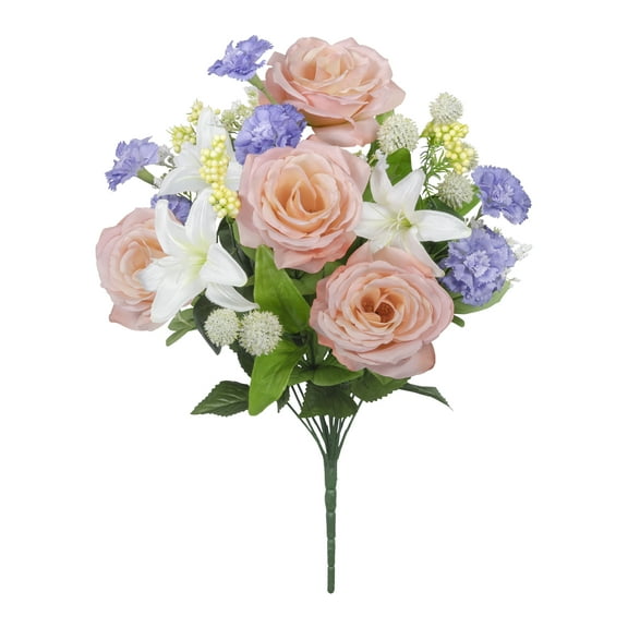 21.5-inch Artificial Silk Coral & Cream Rose & Lily Mixed Spring Bouquet, for Indoor Use, by Mainstays