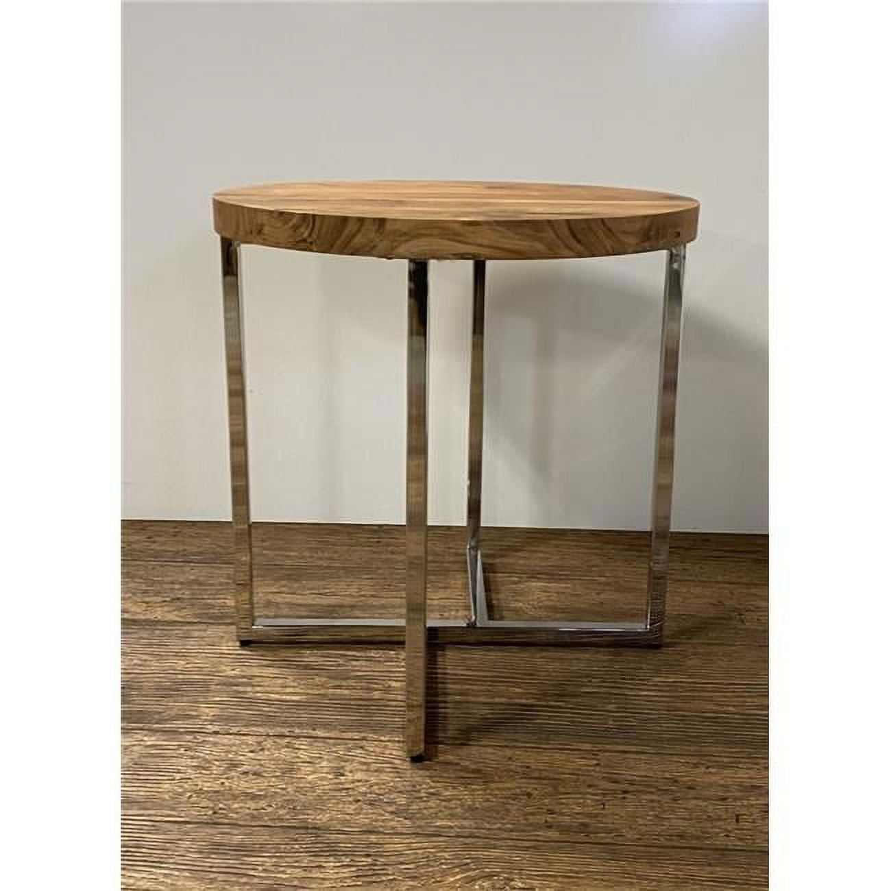 21.5" Round Acacia and Stainless Steel Side Table