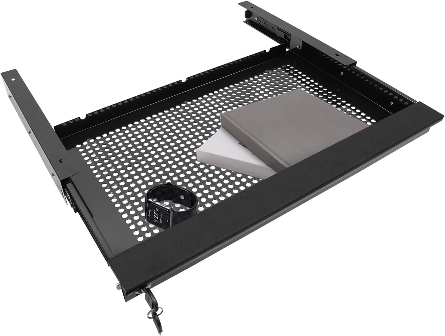 21.56'' Under Desk Mounted Sliding Pull-out Drawer, Pull-out Drawer with Lock Space-Saving, for Office Desk, Pull Handle, Storage Organizer for Sit Stand Workstation, Black