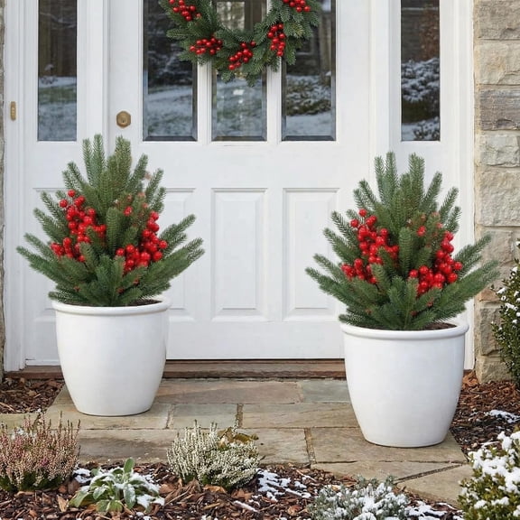 21.6" Artificial Topiary Trees with Spike Set of 2, Topiary Plants with Metal Ground Spike Faux Topiary Tree Outdoor Indoor Front Porch Garden,Red