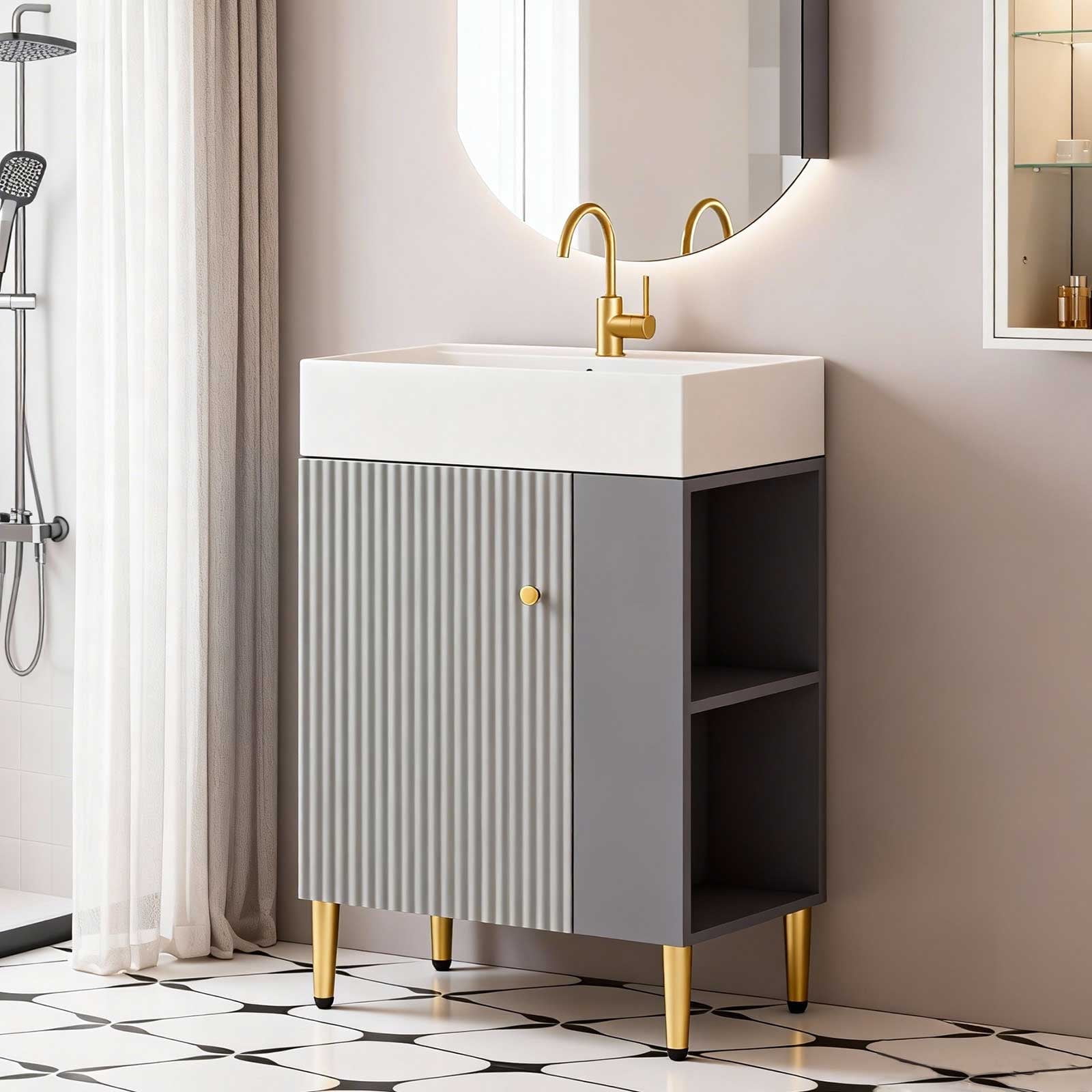 21.6" Bathroom Vanity with Ceramic Sink, Freestanding Bathroom Vanity with Open-Shelving Natural Wood Vanities Cabinet Soft Closing Door Left Storage for Small Bathroom Grey