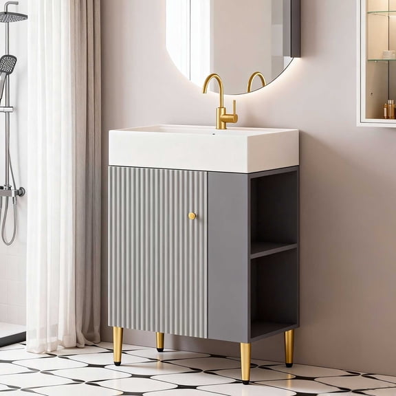 21.6" Bathroom Vanity with Ceramic Sink, Freestanding Bathroom Vanity with Open-Shelving Natural Wood Vanities Cabinet Soft Closing Door Left Storage for Small Bathroom Grey