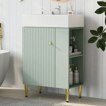 21.6" Bathroom Vanity, Combo Cabinet, Bathroom Storage Cabinet, Single Ceramic Sink, Right Side Storage, Green