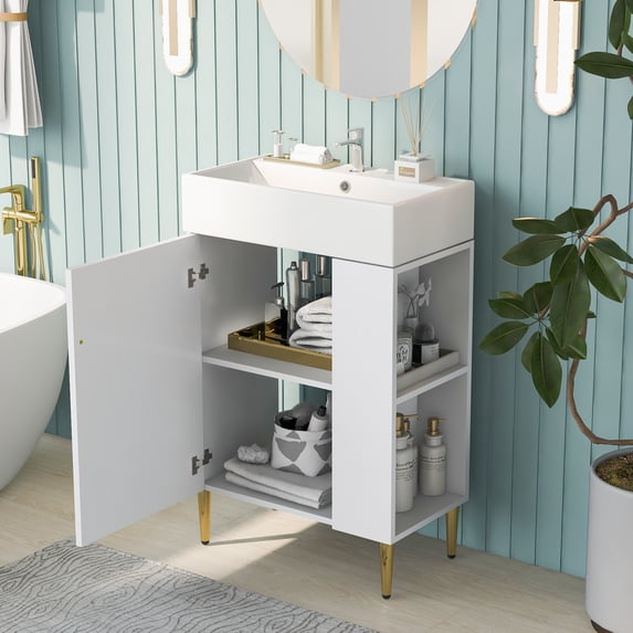 21.6" Bathroom Vanity with Sink, Bathroom Storage Cabinet with Door and Side Storage, Wood Cabinet Basin Vessel Sink Set, Solid Frame, Ceramic Sink (Right Side Storge)