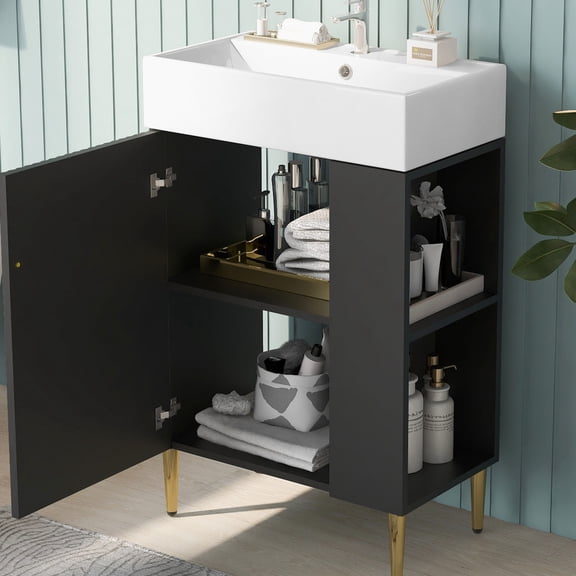 21.6" Black Bathroom Vanity with Single Ceramic Sink for Quick and Easy Assembly