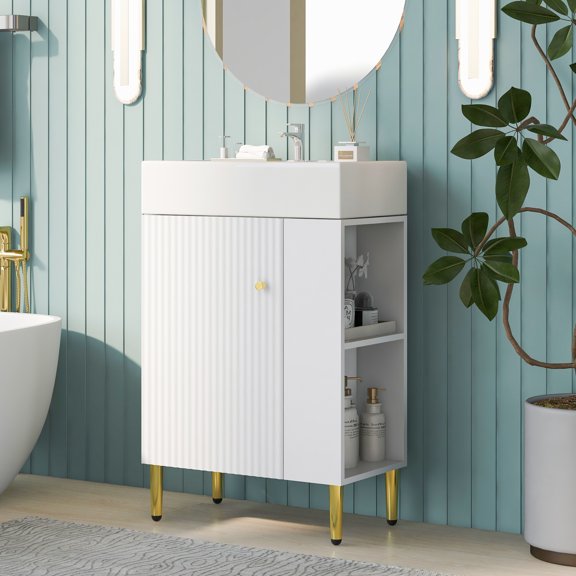 21.6" Contemporary Bathroom Vanity, Ceramic Sink, Right Side Cabinet, Material, Soft-close Door, Spacious Furniture Modern Vanity With Sink And Storage Facility