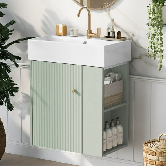 21.6" Floating Bathroom Vanity with Single Ceramic Sink, Freestanding Single Basin Vanity Set with Storage Shelves & Right Side Storage, Wood Bathroom Cabinet Combo, Green