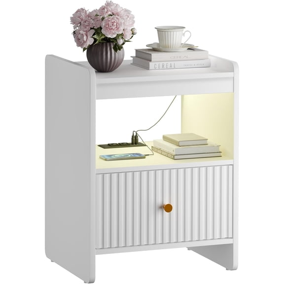 21.6" Fluted Nightstand, End Table with Charging Station and LED Light, Modern End Side Table with Drawer(White)