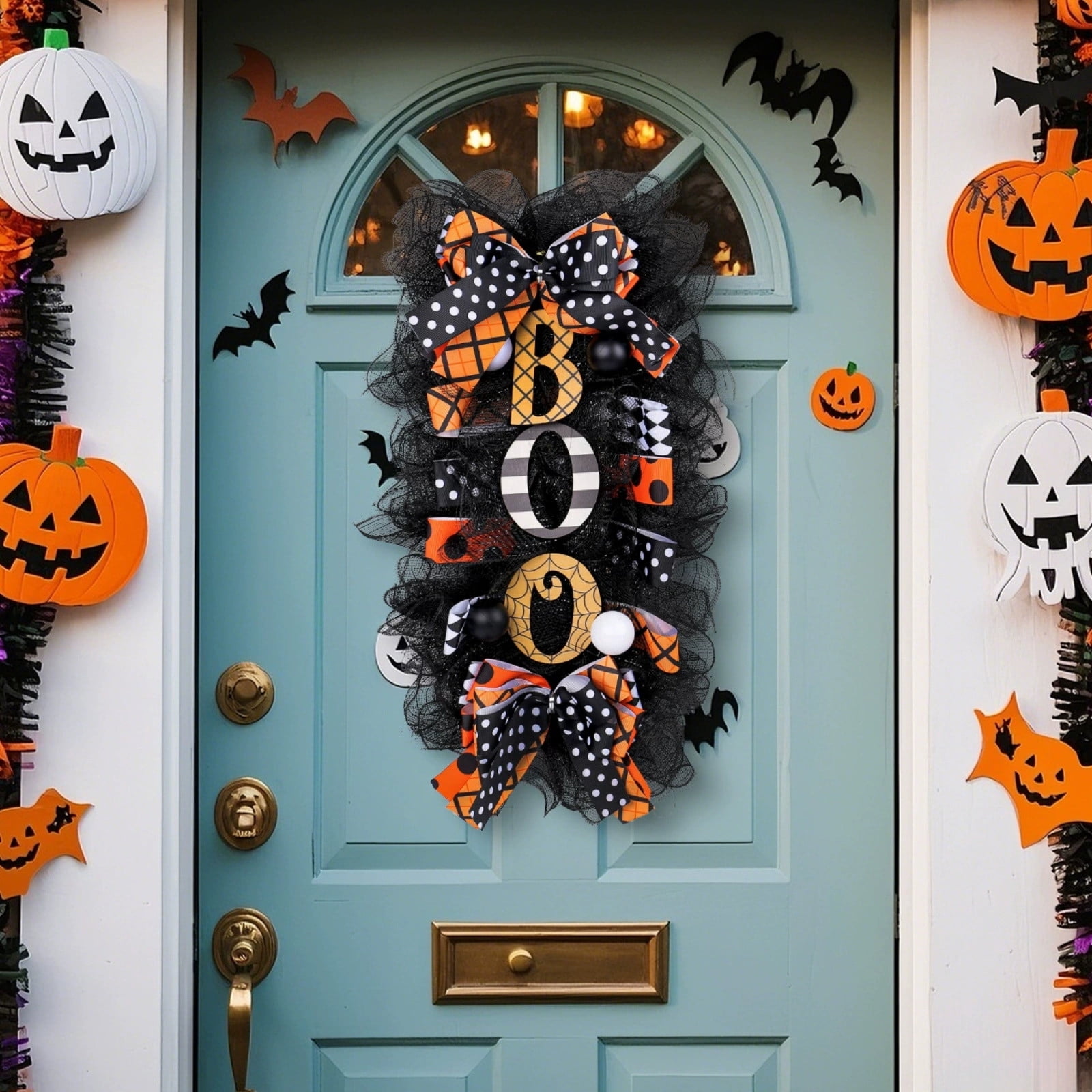 21.6" Halloween Wreath for Front Door - Black Mesh Wreath with Orange ...
