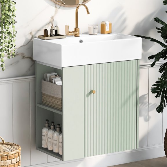 21.6 Inch Bathroom Cabinetry - Modern Floating Vanity With Ceramic Basin, Left Side Storage Area For Combs, Overflow Hole, Functional Piece Cabinet 21.6" Compartment, Easy Installation, Silent Soft