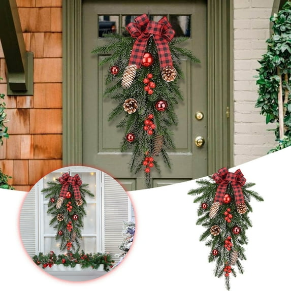 21.6 Inch Christmas Teardrop Swag with Pinecones & Berries - Artificial Christmas Garland for Staircase, Door, Wall Decor with Red Bow for Indoor Outdoor Holiday Decorating