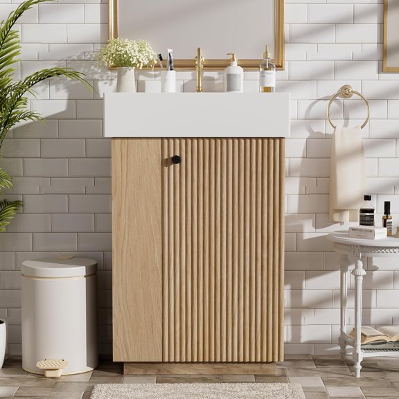 21.6-Inch Natural Rustic Freestanding Small Bathroom Vanity with Ceramic Sink, Fluted Door, Side Racks, and Toilet Paper Holder