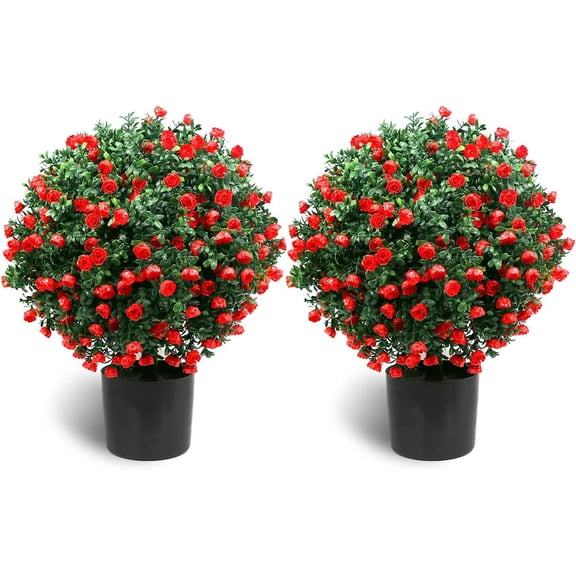 21.6 Inch Tall Artificial Rose Topiary Ball Tree Set of 2 Potted Bushes UV Resistant Indoor Outdoor Red