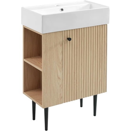 21.6 in Small Bathroom Vanity with Sink,Doors and Storage Shelves,Wood Modern Single Fluted Bathroom Sink Cabinet Freestanding (Natural Wood,Left Shelf)