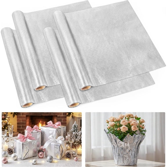 21.6 Yard Christmas Plant Pot Floral Foil, Matte Texture Foil Covers, Silver Florals Foils Wrapping Paper for Home Garden Pots Vases DIY Decoration