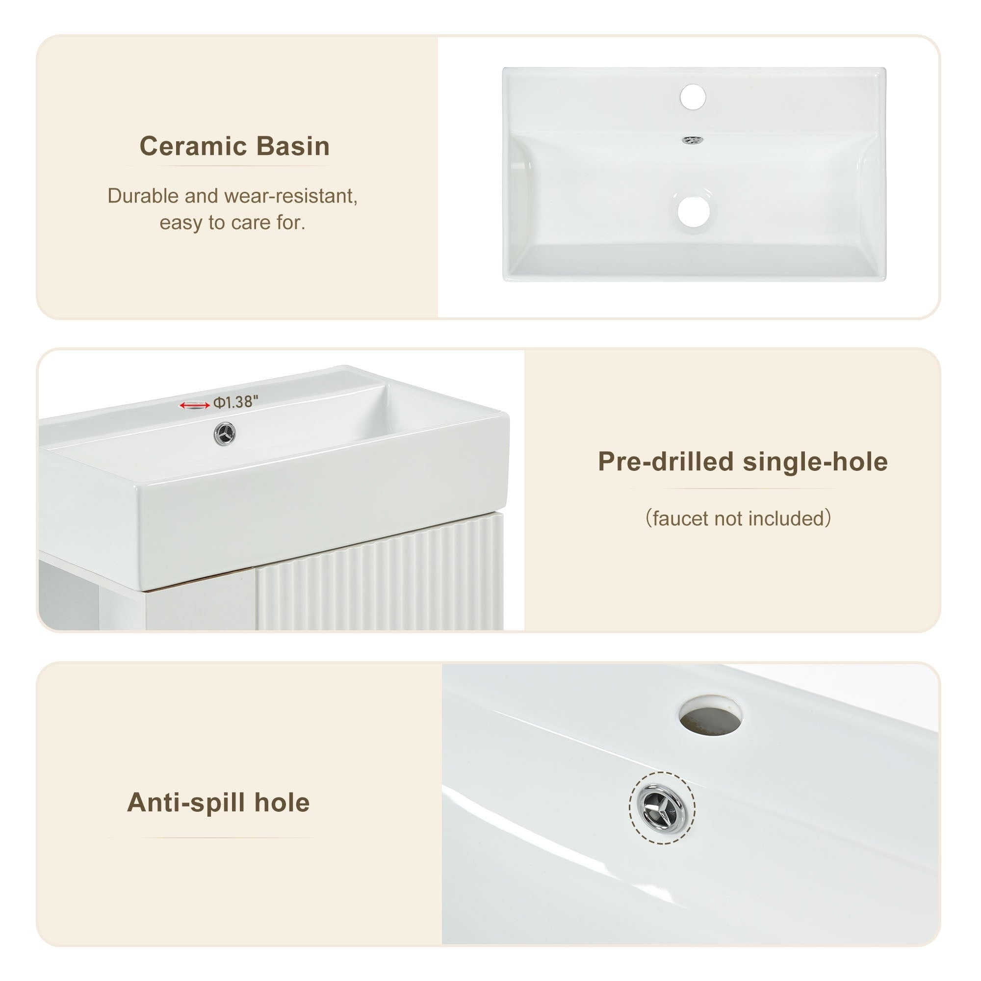 21.6 in. White Freestanding Bath Vanity with Ceramic Top and Right Side Storage