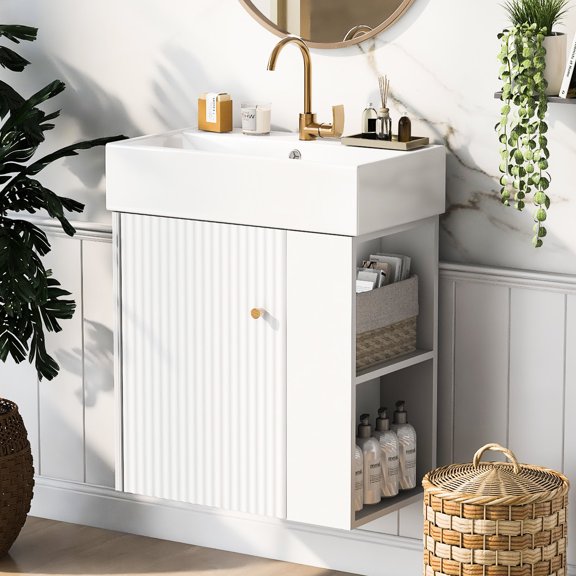 21.6-inch Contemporary Floating Vanity | Perfect for Small Bathroom Renovation | Wave-patterned Door and Soft-close Feature | Guarantees Durable Performance