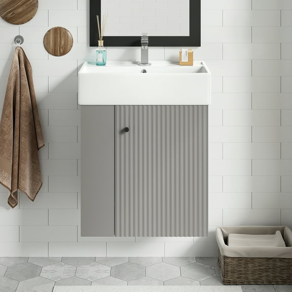 21.6 inch Modern Floating Bathroom Vanity with Ceramic Basin - Perfect for Small Bathrooms, Left side storage
