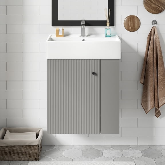 21.6 inch Modern Floating Bathroom Vanity with Ceramic Basin - Perfect for Small Bathrooms, Right side storage