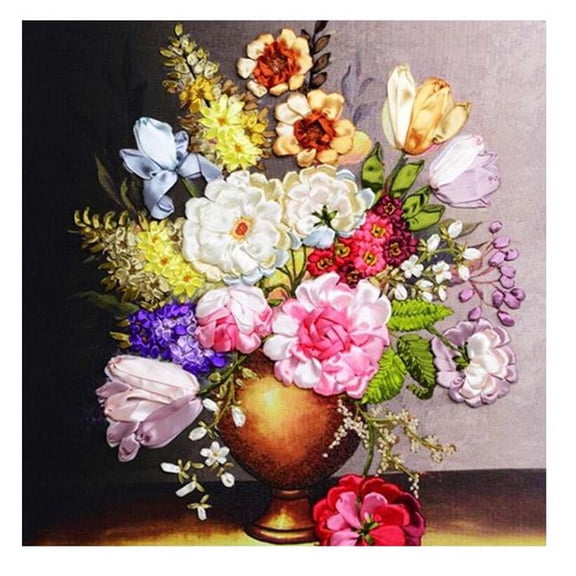 21.6 x 25.5 in. Colorful Flower Needle Crafts Silk Ribbon Embroidery Starter Cross Stitch Kit for Home Decor Gift, Multi Color