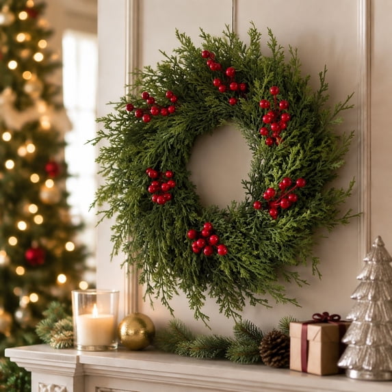 21.65 Inch Artificial Christmas Flower Wreath, Green Festive Wreath for Wall Hanging Indoor Outdoor Home Xmas Holiday Front Door Decoration