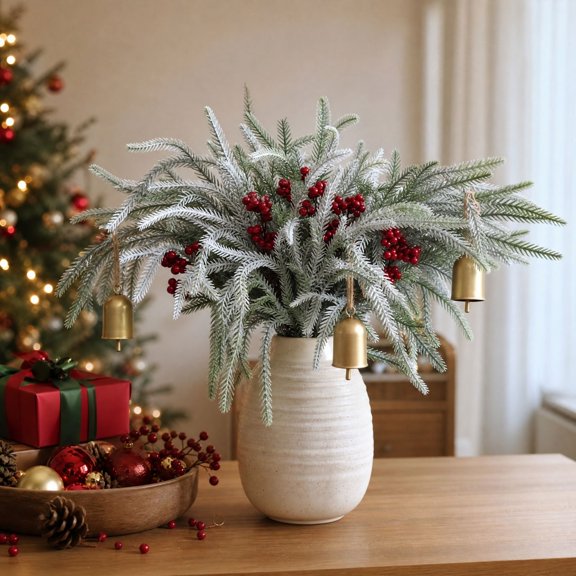 21.65 Inch Artificial Norfolk Pine Picks, Norfolk Pine Floral Pick Set, for Christmas Vases and Layered Indoor Greenery, 8 Plastic Picks with Red Berry Detail and 3 Gold Toned Bells