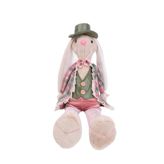 21.65" Vintage Easter Bunny Plush Decor, Standing Rabbit Stuffed toy, Farmhouse Style Spring Home Decor for Table Shelf & Easter Party Supplies Green Hat