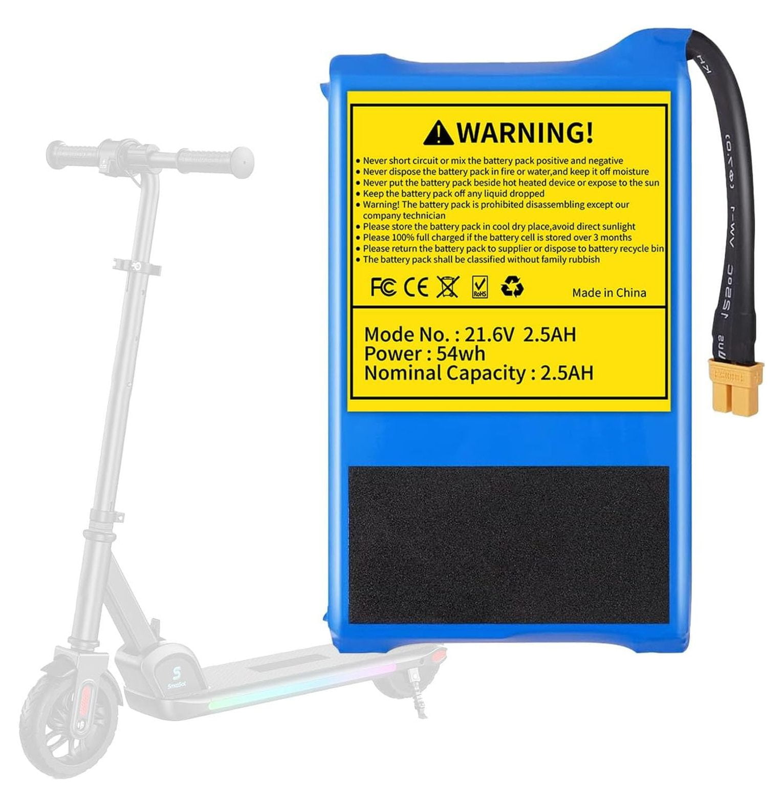 21.6V 2.5Ah Electric Scooter Battery Replacement Compatible with SmooSat / Pro / Electric Kids Scooter, High Capacity Electric Scooter Battery Rechargeable Li-ion Battery Pack
