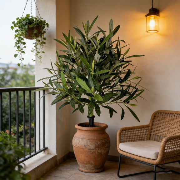 21.6in Artificial Spring Olive Tree Ground Insert Faux Outdoor Plant for Garden Landscaping, Waterproof Fake Greenery for Patio Porch Yard Courtyard Decoration