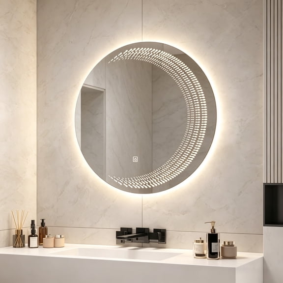 21.6in Round French Moon Style Backlit LED Bathroom Mirror, Wall Mounted 3 Color Dimmable Lighted Makeup Vanity with Touch Switch