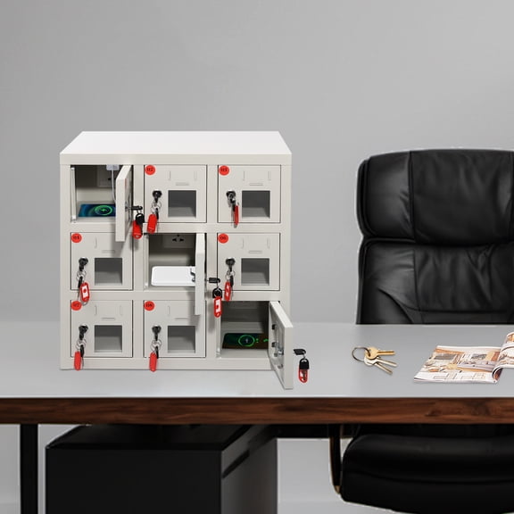 21.7*11.8*22 Modern Cell Phone Lock Box 9 Slots Phone Locker & Key Cell Phones Storage Cabinet White